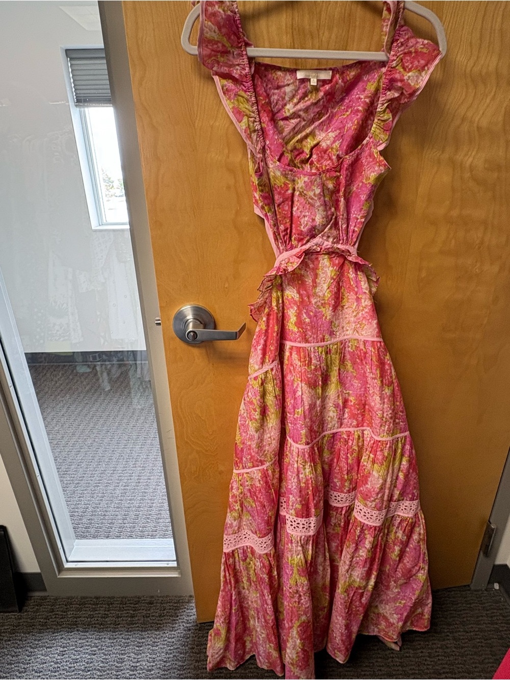 LoveShackFancy Pink & Green Floral Tiered Maxi Dress with Ruffle Straps